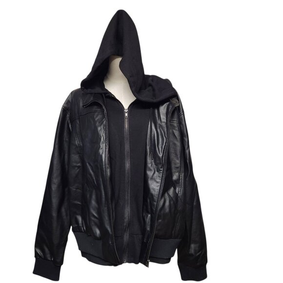 White Birch 2X Plus Faux Leather Jacket Hoodie Black EUC - Picture 2 of 7